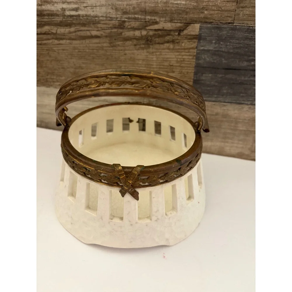 Antique Ceramic Creamware Basket Ornate Brass Handle Ribbon Leaf Trim Cream